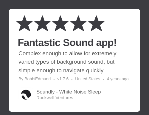 Ứng dụng Soundly - White Noise Sleep đang nhận được đánh giá cao từ người dùng trên App Store iOS. Hãy xem hình ảnh liên quan để tìm hiểu thêm về tính năng độc đáo của ứng dụng và cách sử dụng để có giấc ngủ ngon!